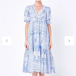 English Factory Geometric Print Tiered Midi Dress